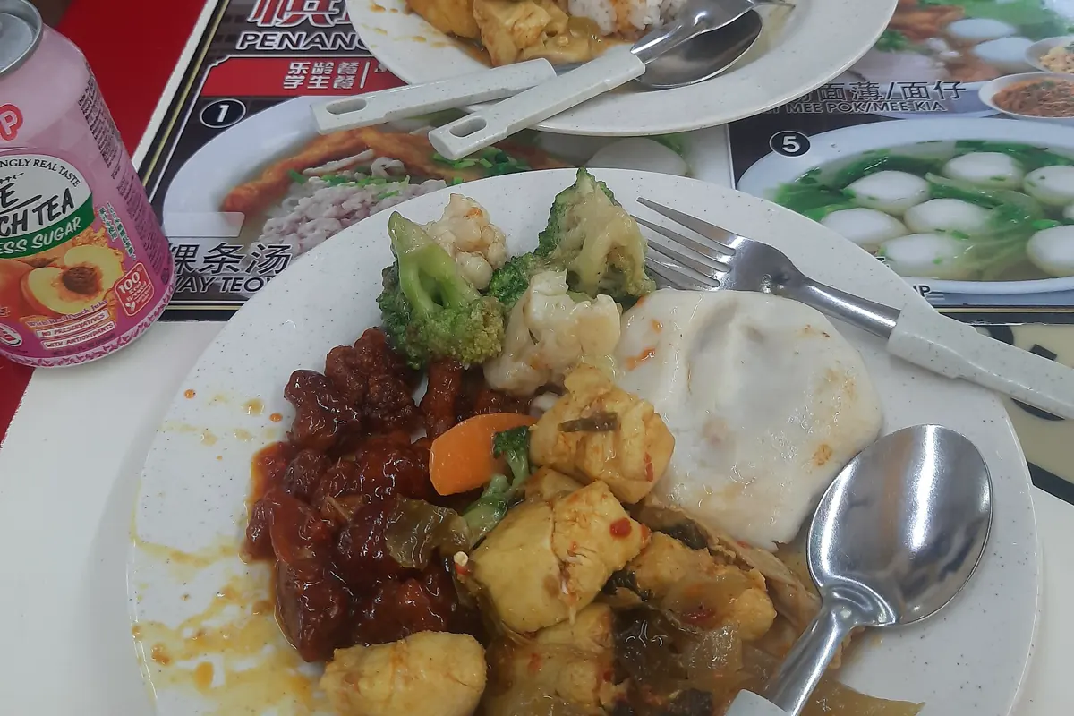 Cai png plates with rice, vegetables, tofu, egg and meat dishes