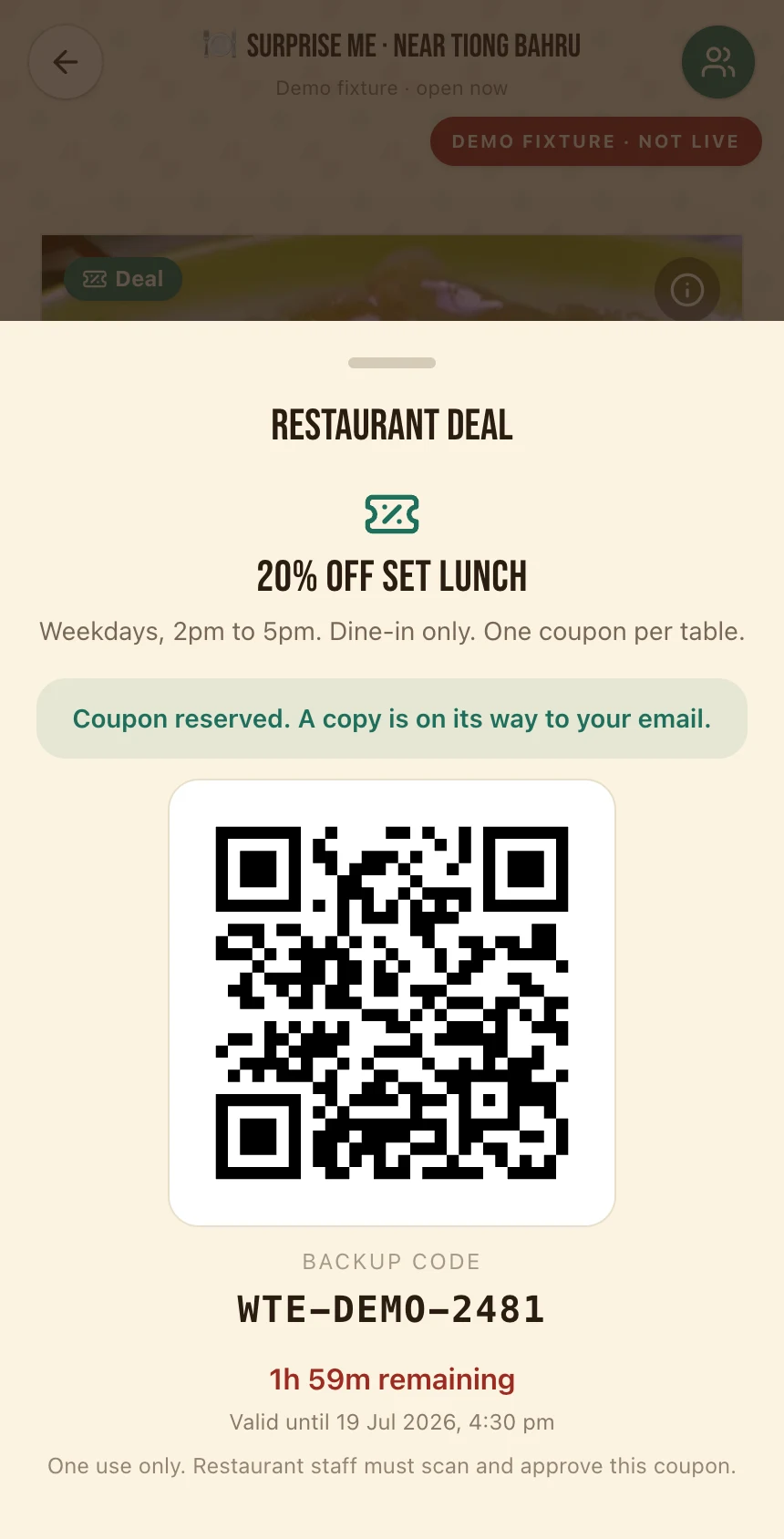 Example step 2, visit the outlet, for fictional Demo Makan House