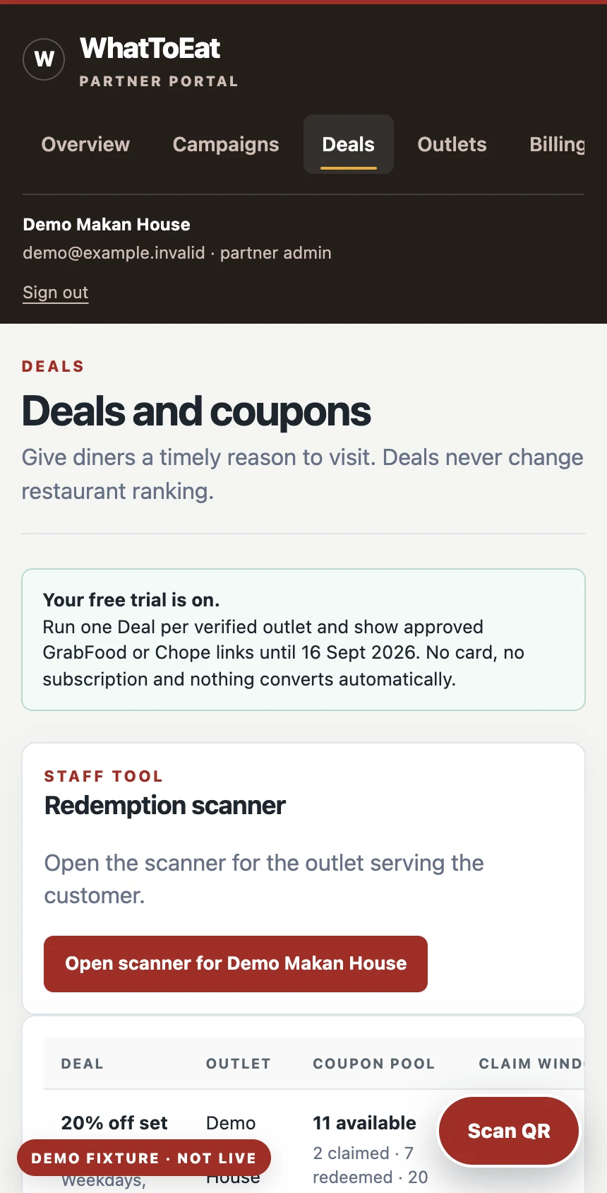 Example step 3, staff scan the coupon, for fictional Demo Makan House