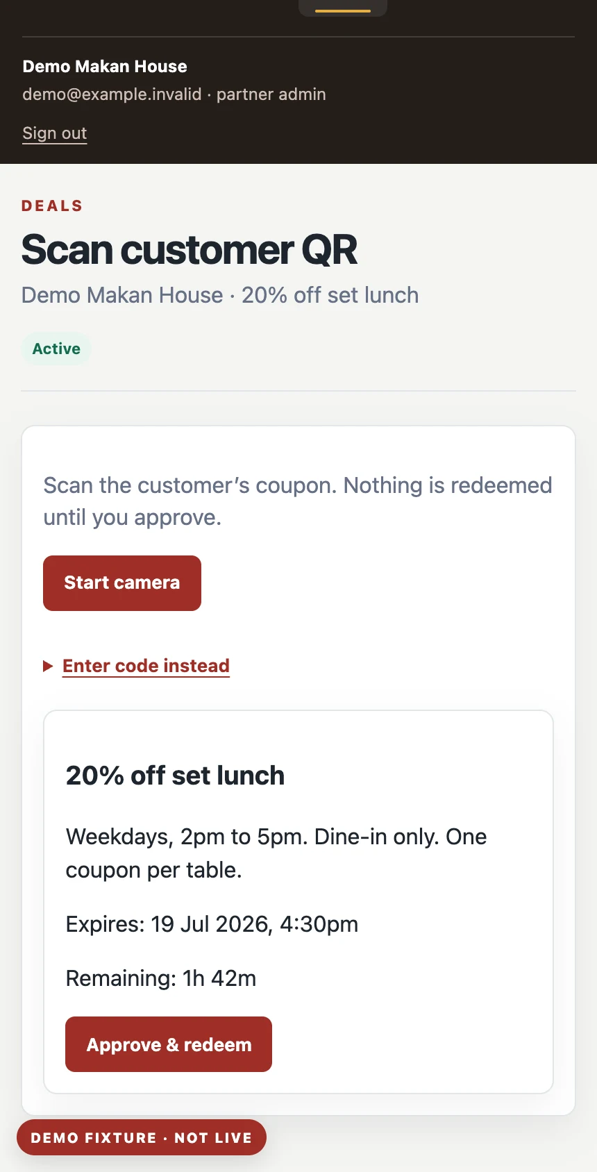 Example step 4, staff check and approve, for fictional Demo Makan House